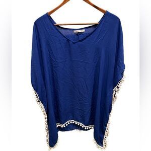 adreamly blue sheer beach‎ coverup with pompom detail
